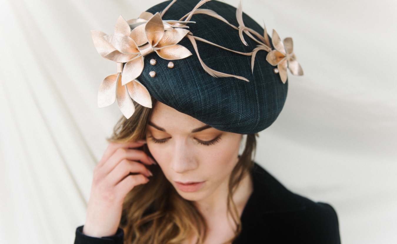 navy and rose gold beret Holly Young
