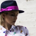 navy trilby with orchid pink ribbon