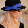 black trilby with cobalt ribbon