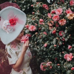 madam butterfly blue and pink statement hat