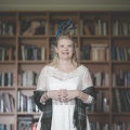 Feather headpiece and wedding dress