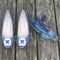 Manolo Blahnik shoes and Holly Young feather headpiece