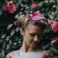 Fuchsia pink headpiece with veiling