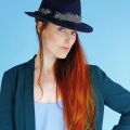 navy felt trilby with spotty guinea fowl band