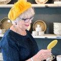 yellow beret with hat pin