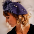 navy feather pom pom hat pin