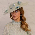 mint boater with blue sequin veil