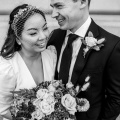 real bride wearing veil with a crystal headband