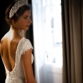 real bride wearing a bird cage veil