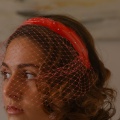 coral feather hair band with veil