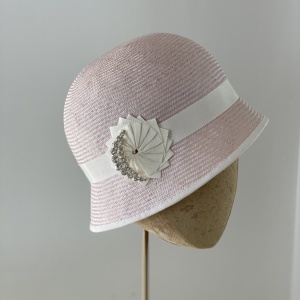 light pink cloche hat with Ivory trim