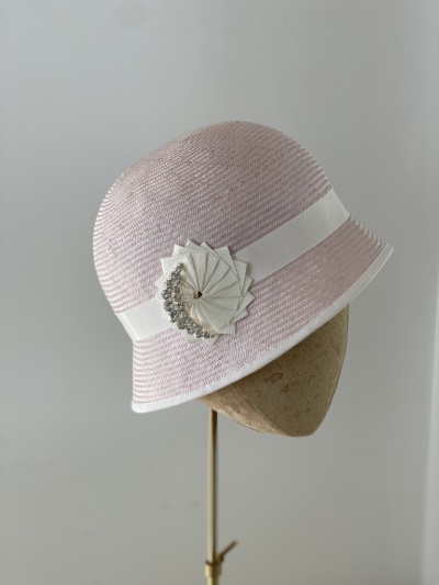 light pink cloche hat with Ivory trim