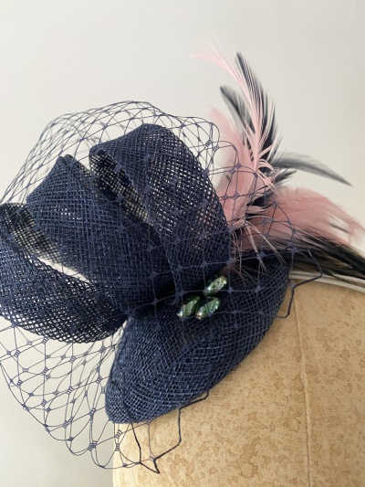 bespoke classic fascinator in navy and dusky pink