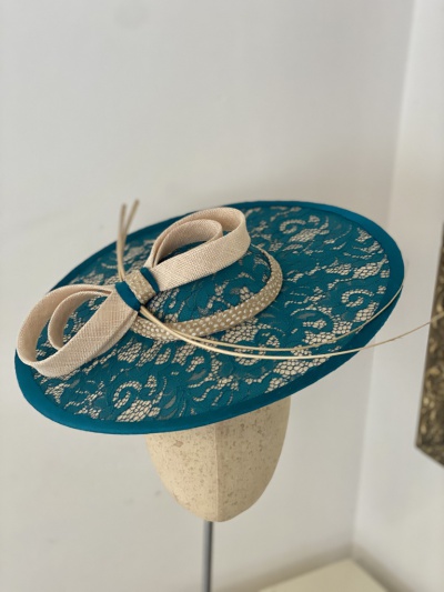 teal lace covered boater hat