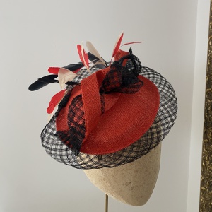 Red and black larisa wedding hat with feathers