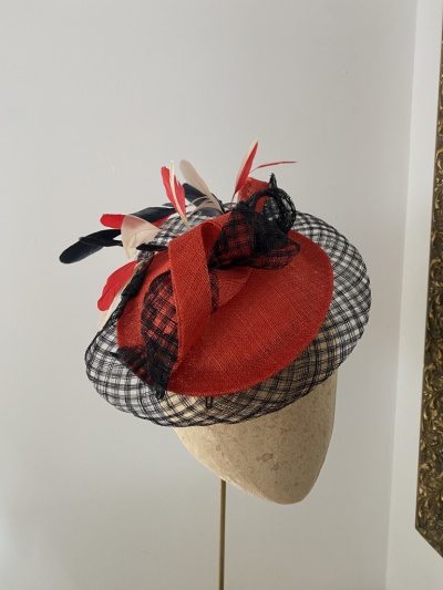 Red and black larisa wedding hat with feathers