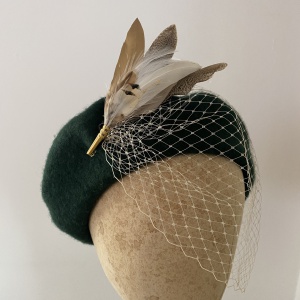 Bespoke beret with gold veil and hat pin
