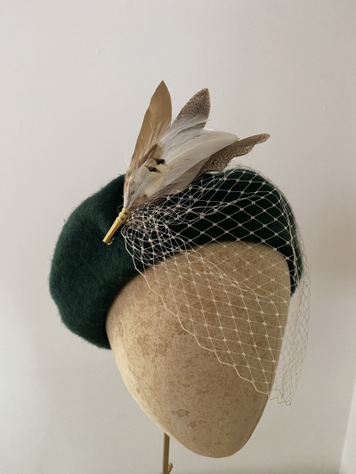 Bespoke beret with gold veil and hat pin