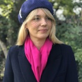 Navy beret with custom veil and brooch