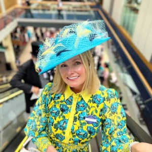 turquoise boater with feather veil for Ascot