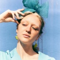 turquoise wedding guest hat Holly Young