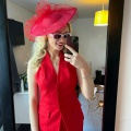 red boater hat with spot veiling