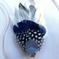 blue feather hair clip with vintage button detail