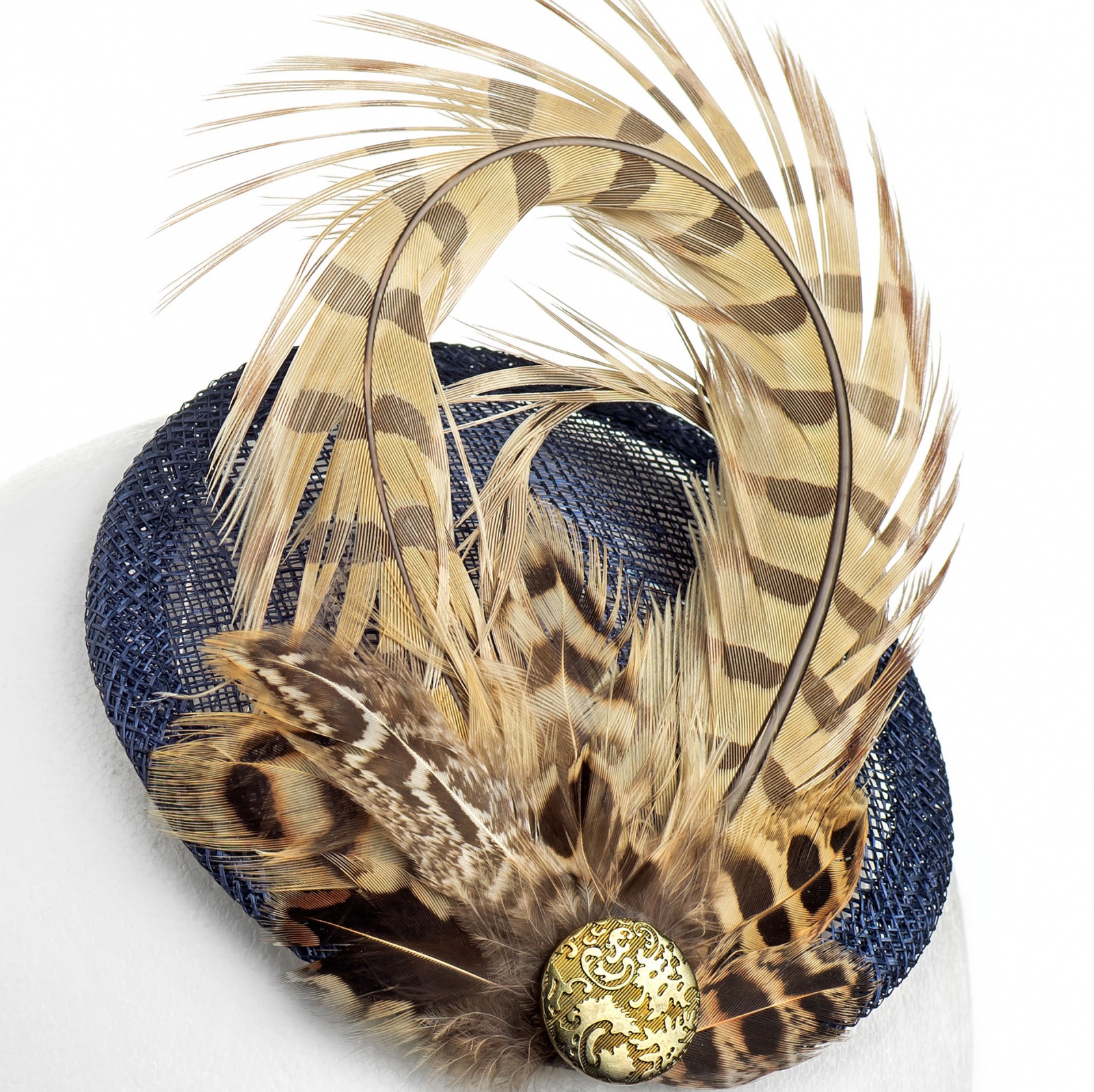 Pheasant feather fascinator navy & gold