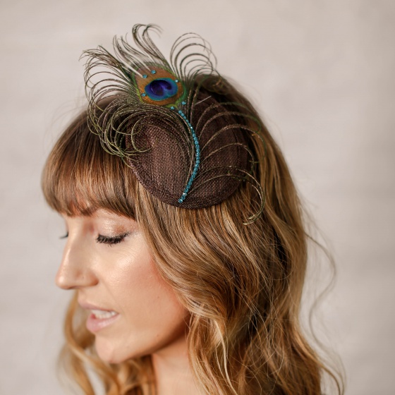 'Pippa' Peacock Crystal Cocktail Hat - Chocolate