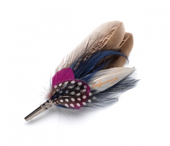 Feather Brooch Pin - pink & navy spot