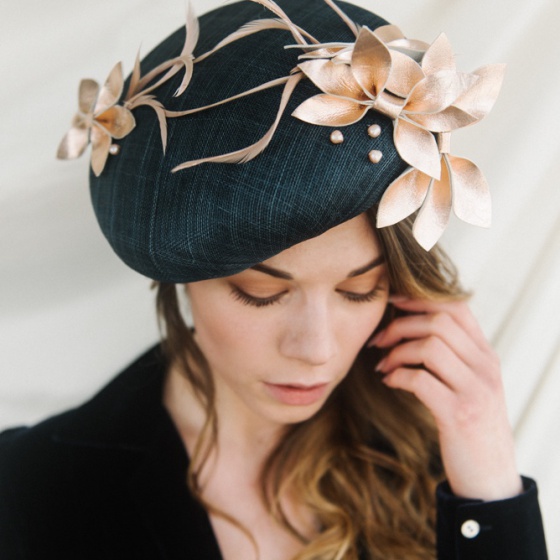 'Bardot' Navy & Rose Gold Leather Beret