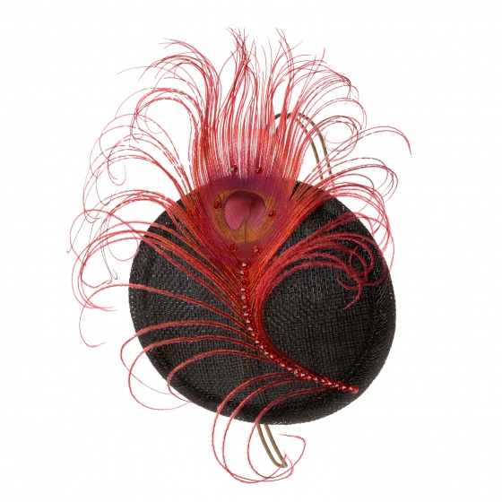 'Pippa' Peacock Crystal Cocktail Hat - Red & Black