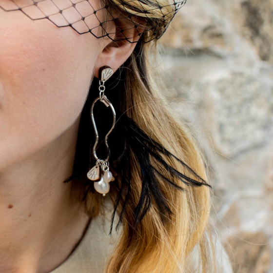 'Melissa' Feather & Pearl Earrings in Black